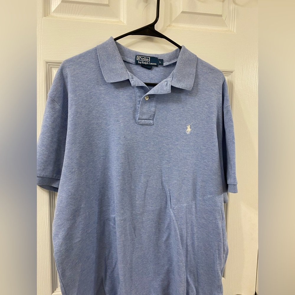 Ralph Lauren mens polo shirt.  Light blue.  Tiny hole in back near collar.